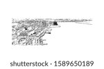 Building view with landmark of Dnipro is a city on the Dnieper River in central Ukraine. Hand drawn sketch illustration in vector.