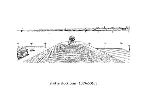 Building view with landmark of Dnipro is a city on the Dnieper River in central Ukraine. Hand drawn sketch illustration in vector.