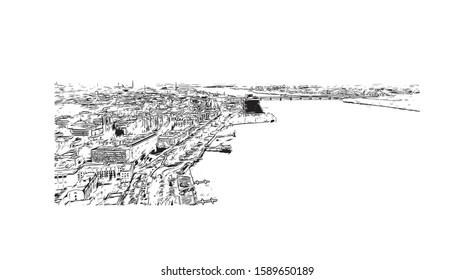 Building view with landmark of Dnipro is a city on the Dnieper River in central Ukraine. Hand drawn sketch illustration in vector.