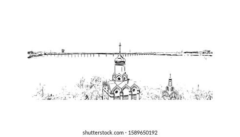 Building view with landmark of Dnipro is a city on the Dnieper River in central Ukraine. Hand drawn sketch illustration in vector.