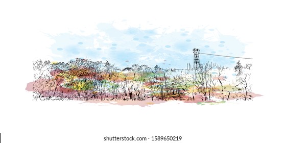 Building view with landmark of Dnipro is a city on the Dnieper River in central Ukraine. Watercolor splash with Hand drawn sketch illustration in vector.