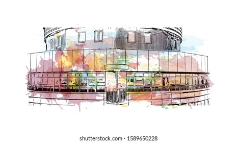 Building view with landmark of Dnipro is a city on the Dnieper River in central Ukraine. Watercolor splash with Hand drawn sketch illustration in vector.