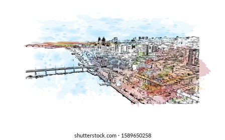 Building view with landmark of Dnipro is a city on the Dnieper River in central Ukraine. Watercolor splash with Hand drawn sketch illustration in vector.