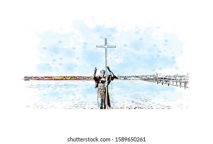Building view with landmark of Dnipro is a city on the Dnieper River in central Ukraine. Watercolor splash with Hand drawn sketch illustration in vector.