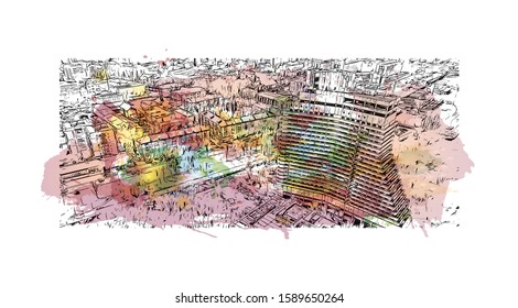 Building view with landmark of Dnipro is a city on the Dnieper River in central Ukraine. Watercolor splash with Hand drawn sketch illustration in vector.