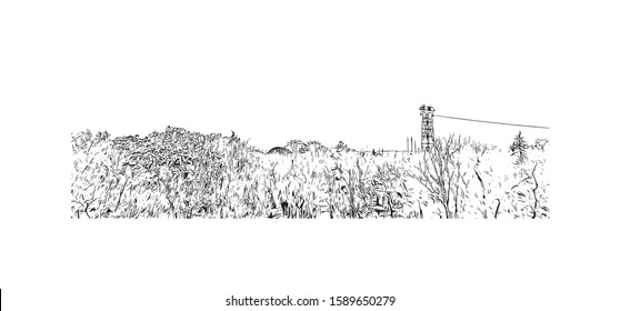 Building view with landmark of Dnipro is a city on the Dnieper River in central Ukraine. Hand drawn sketch illustration in vector.