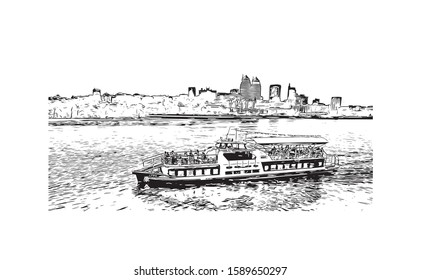 Building view with landmark of Dnipro is a city on the Dnieper River in central Ukraine. Hand drawn sketch illustration in vector.