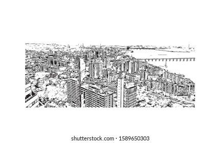 Building view with landmark of Dnipro is a city on the Dnieper River in central Ukraine. Hand drawn sketch illustration in vector.