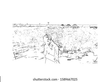 Building view with landmark of Dnipropetrovsk Oblast, is an oblast of central Ukraine, the most important industrial region of the country. Hand drawn sketch illustration in vector.