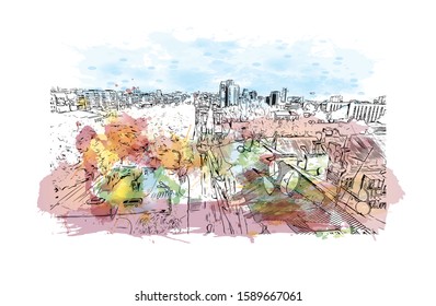 Building view with landmark of Dnipropetrovsk Oblast, is an oblast of central Ukraine, the most important industrial region of the country. Watercolor splash Hand drawn sketch illustration in vector.