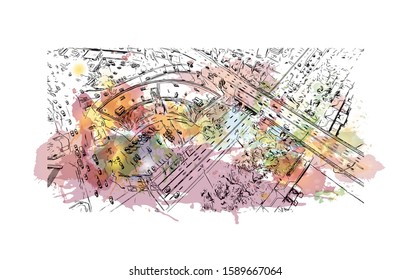 Building view with landmark of Dnipropetrovsk Oblast, is an oblast of central Ukraine, the most important industrial region of the country. Watercolor splash Hand drawn sketch illustration in vector.