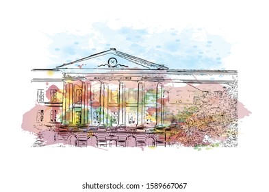 Building view with landmark of Dnipropetrovsk Oblast, is an oblast of central Ukraine, the most important industrial region of the country. Watercolor splash Hand drawn sketch illustration in vector.