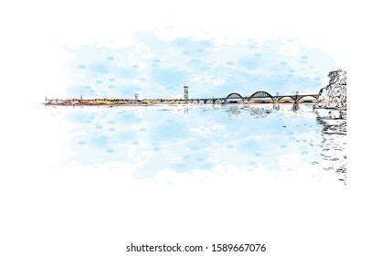Building view with landmark of Dnipropetrovsk Oblast, is an oblast of central Ukraine, the most important industrial region of the country. Watercolor splash Hand drawn sketch illustration in vector.