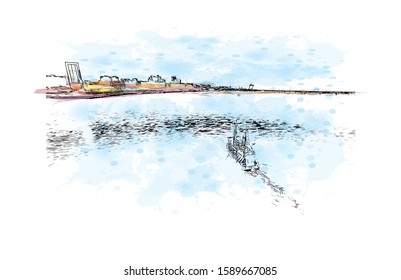 Building view with landmark of Dnipropetrovsk Oblast, is an oblast of central Ukraine, the most important industrial region of the country. Watercolor splash Hand drawn sketch illustration in vector.