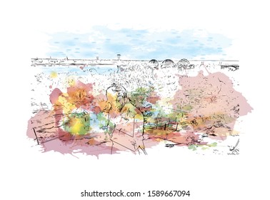 Building view with landmark of Dnipropetrovsk Oblast, is an oblast of central Ukraine, the most important industrial region of the country. Watercolor splash Hand drawn sketch illustration in vector.