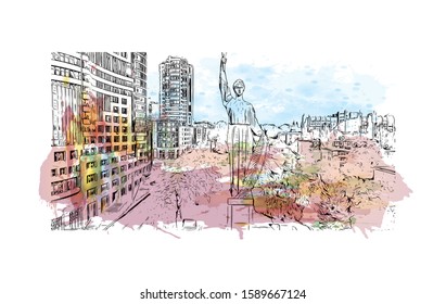 Building view with landmark of Dnipropetrovsk Oblast, is an oblast of central Ukraine, the most important industrial region of the country. Watercolor splash Hand drawn sketch illustration in vector.