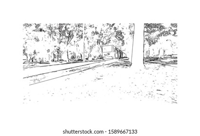 Building view with landmark of Dnipropetrovsk Oblast, is an oblast of central Ukraine, the most important industrial region of the country. Hand drawn sketch illustration in vector.