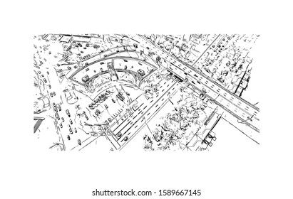 Building view with landmark of Dnipropetrovsk Oblast, is an oblast of central Ukraine, the most important industrial region of the country. Hand drawn sketch illustration in vector.