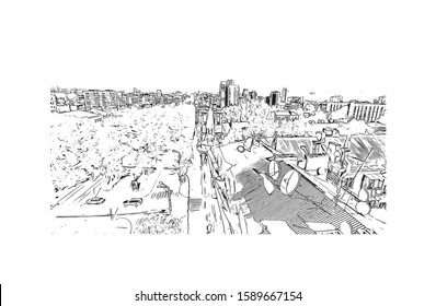 Building view with landmark of Dnipropetrovsk Oblast, is an oblast of central Ukraine, the most important industrial region of the country. Hand drawn sketch illustration in vector.