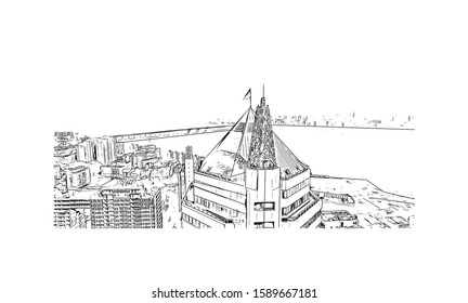 Building view with landmark of Dnipropetrovsk Oblast, is an oblast of central Ukraine, the most important industrial region of the country. Hand drawn sketch illustration in vector.