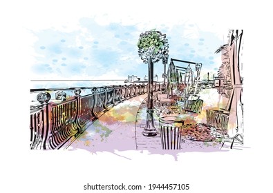 Der Blick auf den Bau von Doha ist ein Meilenstein 
Hauptstadt Katars. Aquarellspritzer mit handgezeichneter Skizzengrafik in Vektorgrafik.