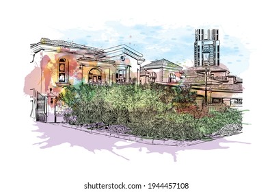 Building view with landmark of Doha is the 
capital of Qatar. Watercolour splash with hand drawn sketch illustration in vector.