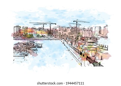 Building view with landmark of Doha is the 
capital of Qatar. Watercolour splash with hand drawn sketch illustration in vector.