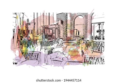 Building view with landmark of Doha is the 
capital of Qatar. Watercolour splash with hand drawn sketch illustration in vector.