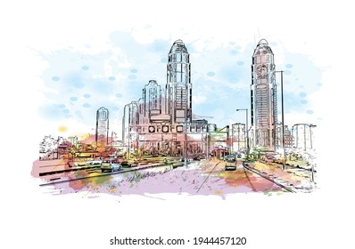 Building view with landmark of Doha is the 
capital of Qatar. Watercolour splash with hand drawn sketch illustration in vector.