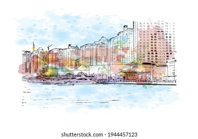 Building view with landmark of Doha is the 
capital of Qatar. Watercolour splash with hand drawn sketch illustration in vector.