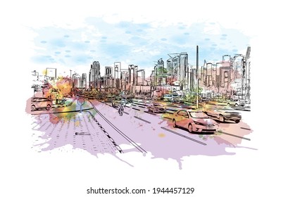 Construir una visión con un hito en Doha es el 
capital de Qatar. Salto de color de agua con ilustración de esbozo dibujada a mano en vector.