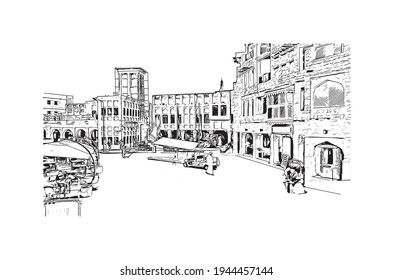 Construir una visión con un hito en Doha es el 
capital de Qatar. Dibujo a mano de ilustración de esbozo en vector.