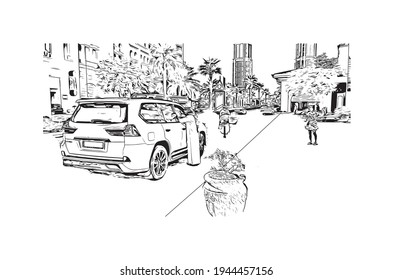 Building view with landmark of Doha is the 
capital of Qatar. Hand drawn sketch illustration in vector.