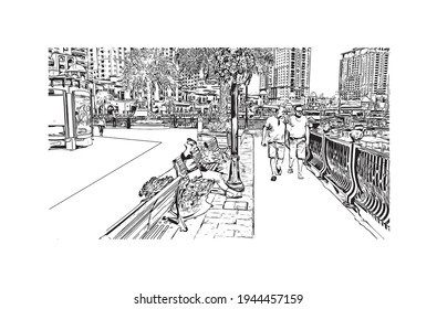 Building view with landmark of Doha is the 
capital of Qatar. Hand drawn sketch illustration in vector.