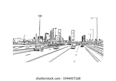 Building view with landmark of Doha is the 
capital of Qatar. Hand drawn sketch illustration in vector.