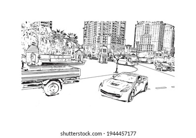 Building view with landmark of Doha is the 
capital of Qatar. Hand drawn sketch illustration in vector.