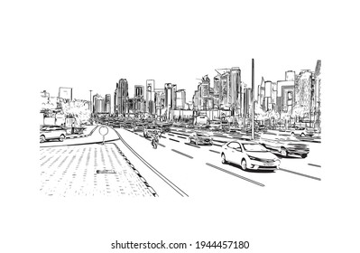 Building view with landmark of Doha is the 
capital of Qatar. Hand drawn sketch illustration in vector.