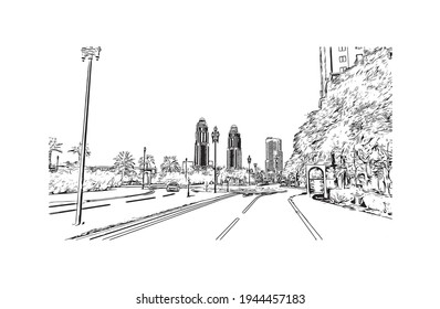 Building view with landmark of Doha is the 
capital of Qatar. Hand drawn sketch illustration in vector.