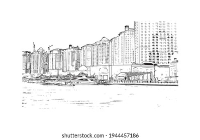 Building view with landmark of Doha is the 
capital of Qatar. Hand drawn sketch illustration in vector.