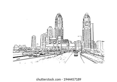 Building view with landmark of Doha is the 
capital of Qatar. Hand drawn sketch illustration in vector.
