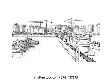 Building view with landmark of Doha is the 
capital of Qatar. Hand drawn sketch illustration in vector.