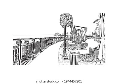 Building view with landmark of Doha is the 
capital of Qatar. Hand drawn sketch illustration in vector.