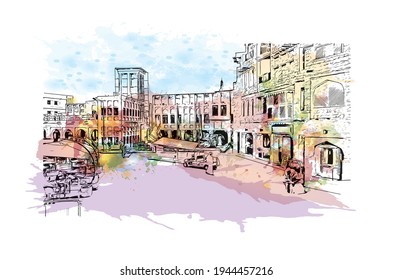 Building view with landmark of Doha is the 
capital of Qatar. Watercolour splash with hand drawn sketch illustration in vector.