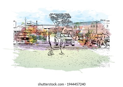 Der Blick auf den Bau von Doha ist ein Meilenstein 
Hauptstadt Katars. Aquarellspritzer mit handgezeichneter Skizzengrafik in Vektorgrafik.