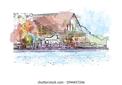 Building view with landmark of Doha is the 
capital of Qatar. Watercolour splash with hand drawn sketch illustration in vector.