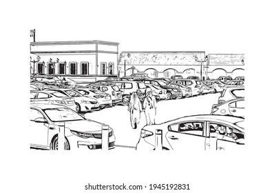 Building view with landmark of Doha is the 
capital of Qatar. Hand drawn sketch illustration in vector.