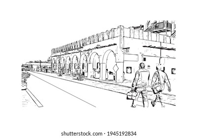 Building view with landmark of Doha is the 
capital of Qatar. Hand drawn sketch illustration in vector.