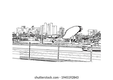 Building view with landmark of Doha is the 
capital of Qatar. Hand drawn sketch illustration in vector.