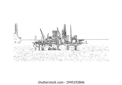 Construir una visión con un hito en Doha es el 
capital de Qatar. Dibujo a mano de ilustración de esbozo en vector.
