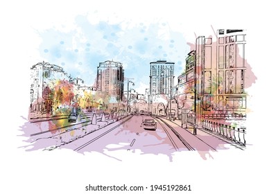 Building view with landmark of Doha is the 
capital of Qatar. Watercolour splash with hand drawn sketch illustration in vector.
